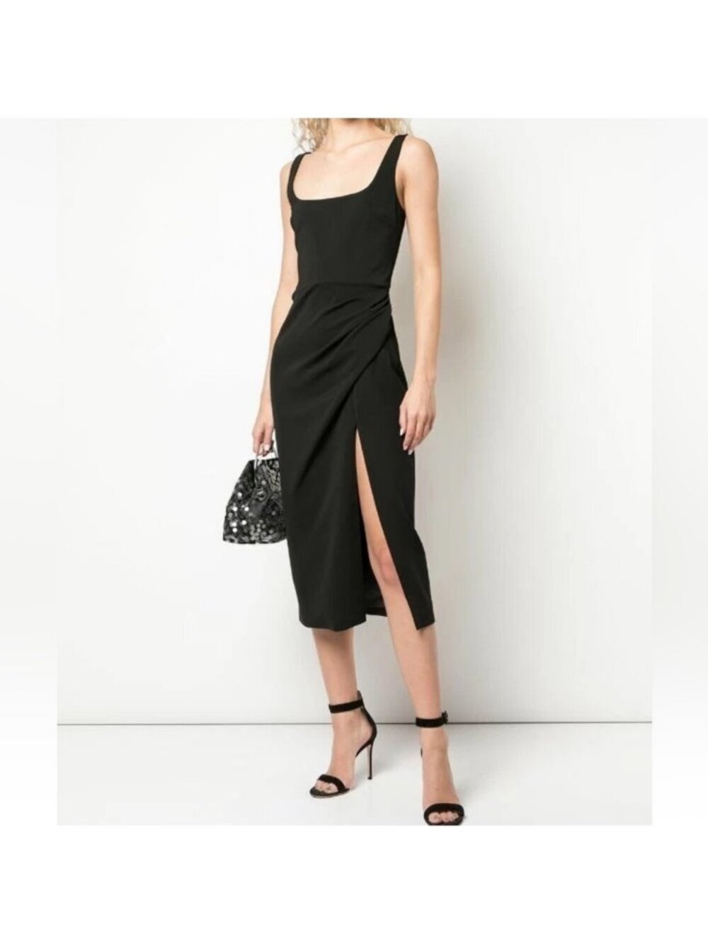 CUSHNIE Black Square Neck Ruched Side Slit Dress sz 0 - Picture 2 of 16